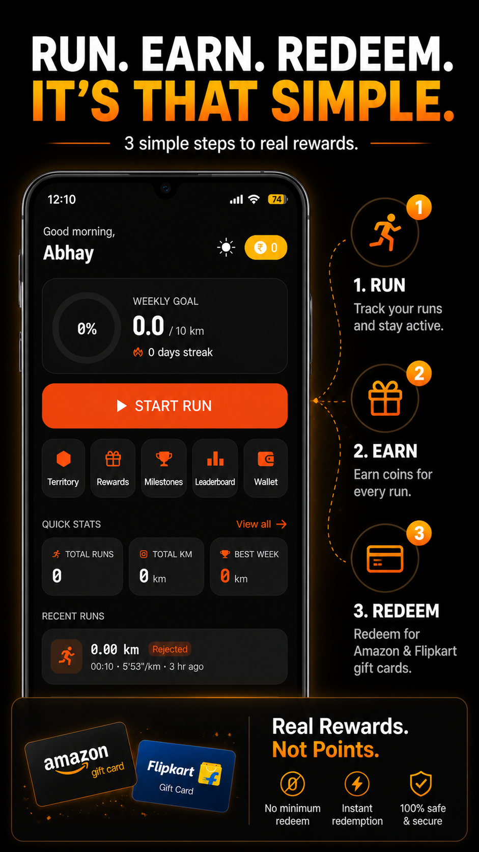 3 simple steps — Run, Earn, Redeem